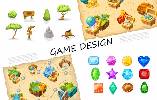 Colección de elementos del juego de dibujos animados con árboles letreros piedras arbustos cofres del tesoro volcán naturaleza islas cráneo diseño de nivel arma coloridas piedras preciosas