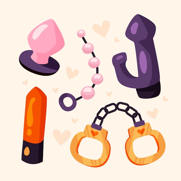 Colección de elementos de juguetes sexuales dibujados a mano