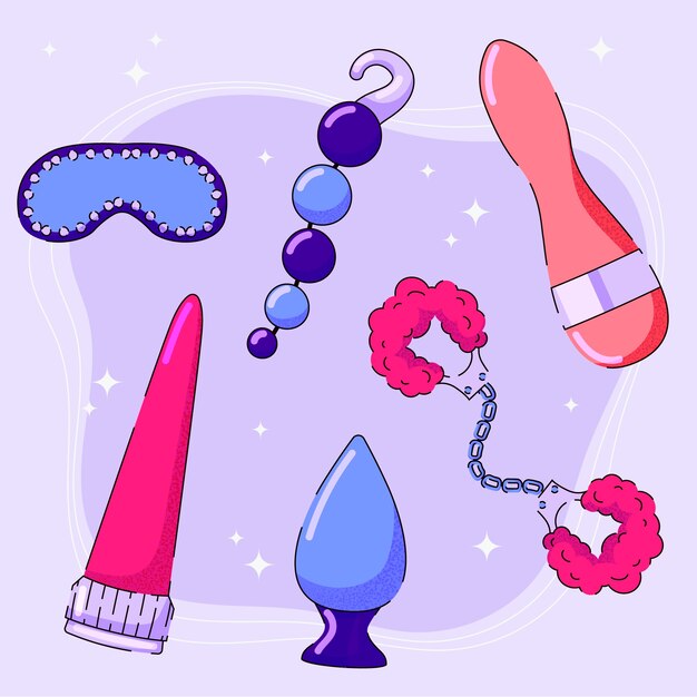 Colección de elementos de juguetes sexuales dibujados a mano