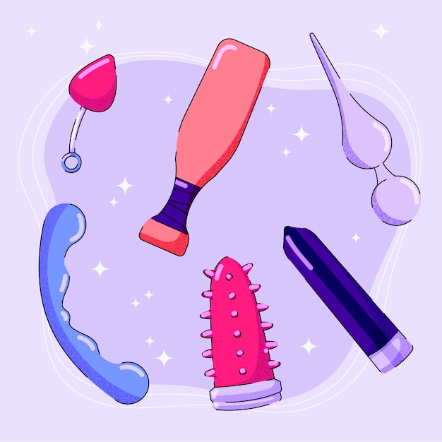 Colección de elementos de juguetes sexuales dibujados a mano