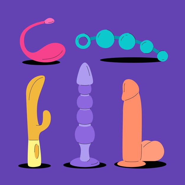 Colección de elementos de juguetes sexuales.