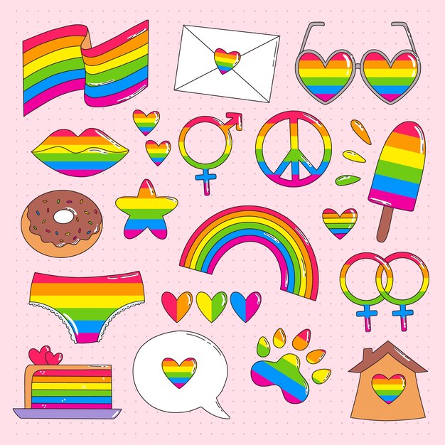 Colección de elementos lgbt dibujados a mano del mes del orgullo