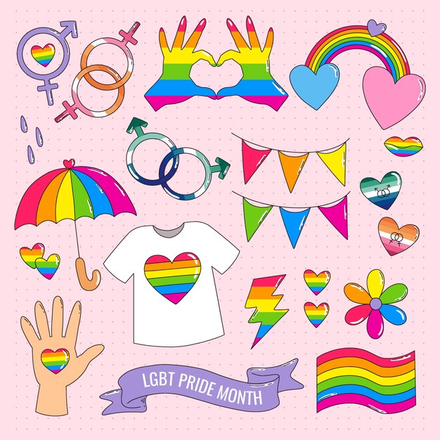 Colección de elementos lgbt dibujados a mano del mes del orgullo