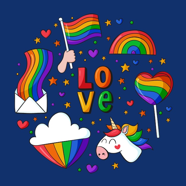 Vector gratuito colección de elementos lgbt dibujados a mano del mes del orgullo