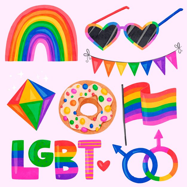 Colección de elementos lgbt del mes del orgullo de acuarela