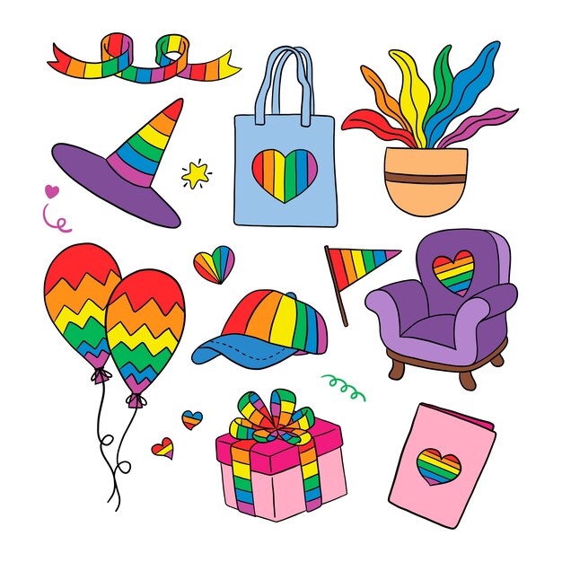 Colección de elementos lgbt del mes del orgullo dibujados a mano