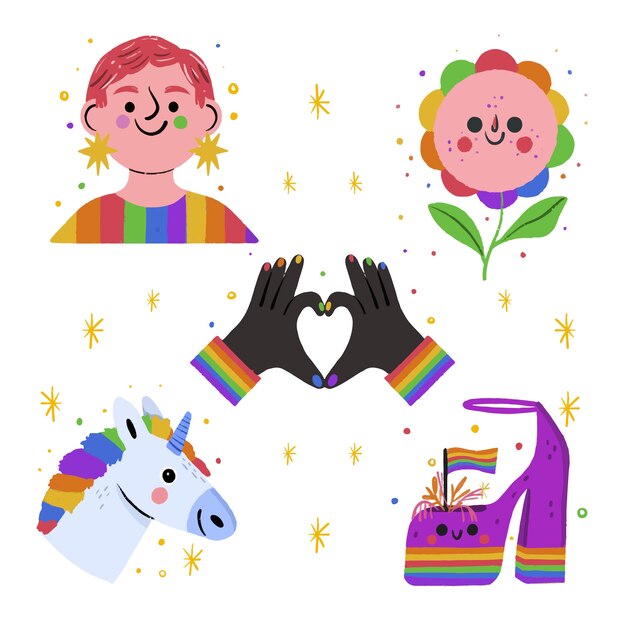 Colección de elementos lgbt del mes del orgullo dibujados a mano