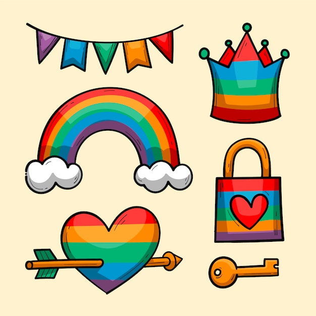 Colección de elementos lgbt del mes del orgullo dibujados a mano
