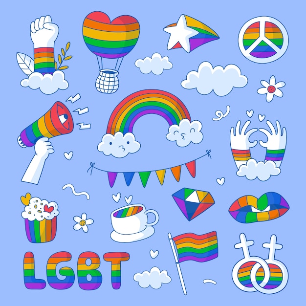 Vector gratuito colección de elementos lgbt del mes del orgullo dibujados a mano