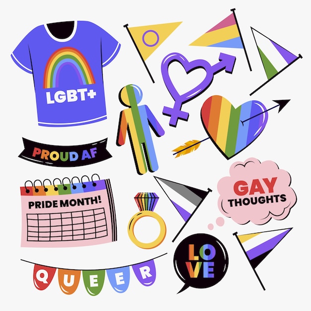 Colección de elementos lgbt del mes del orgullo plano