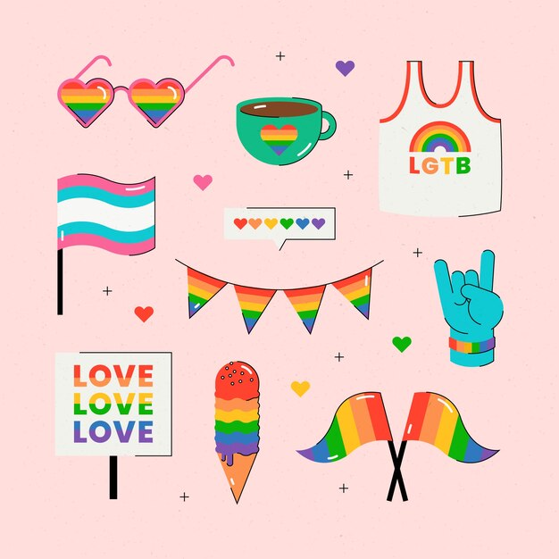 Colección de elementos lgbt del mes del orgullo plano