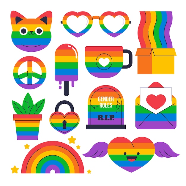 Vector gratuito colección de elementos lgbt del mes del orgullo plano