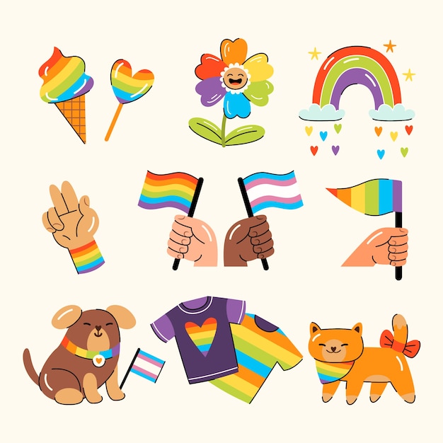 Vector gratuito colección de elementos lgbt del mes del orgullo plano