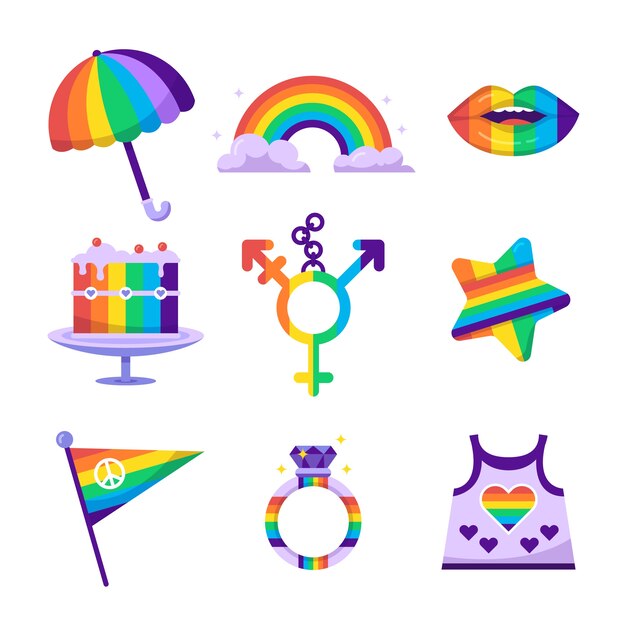 Colección de elementos lgbt del mes del orgullo plano