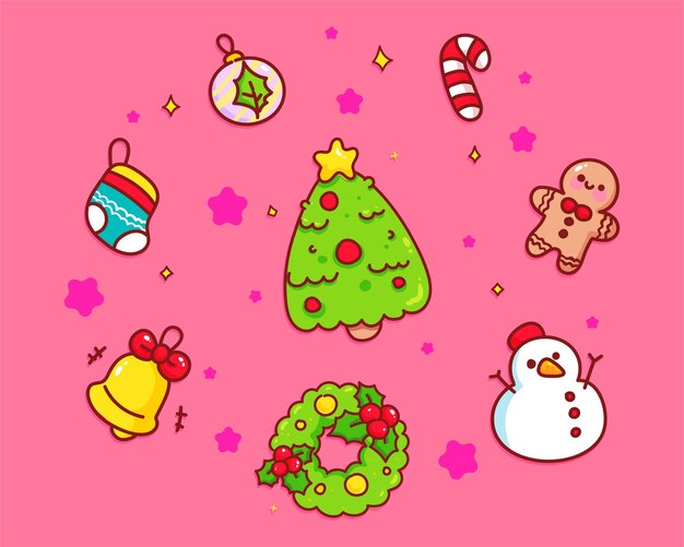 Colección de elementos lindos de Navidad ilustración de arte de dibujos animados dibujados a mano