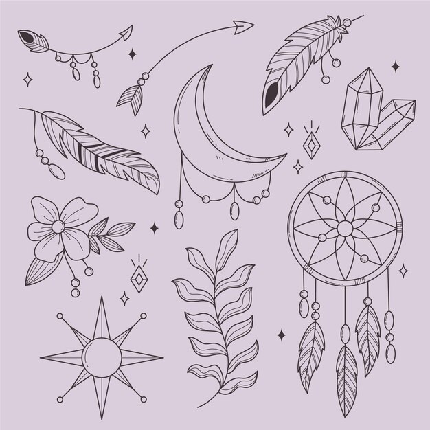 Colección de elementos lineales boho dibujados a mano.