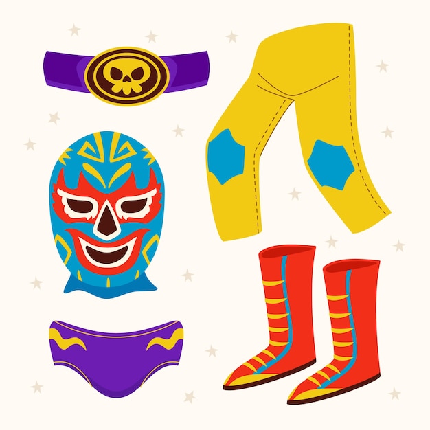 Colección de elementos de luchadores mexicanos dibujados a mano