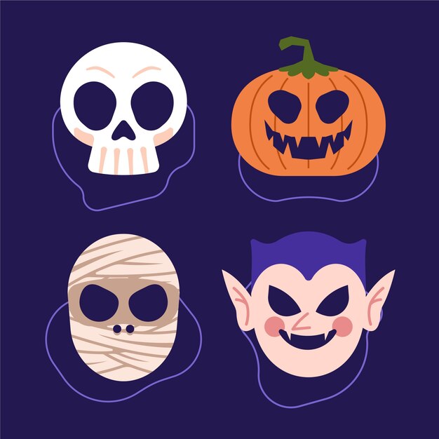 Colección de elementos de máscara de halloween plana
