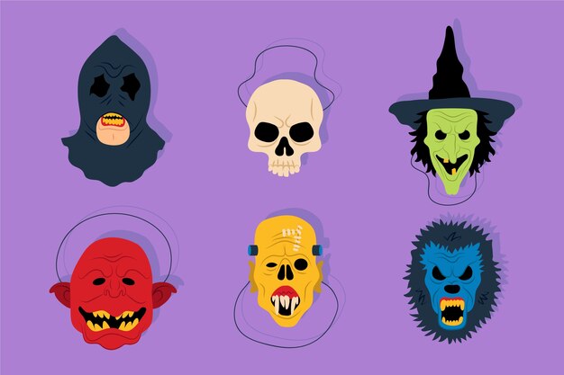 Colección de elementos de máscara de halloween plana
