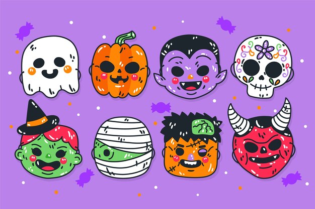 Colección de elementos de máscaras de halloween dibujadas a mano