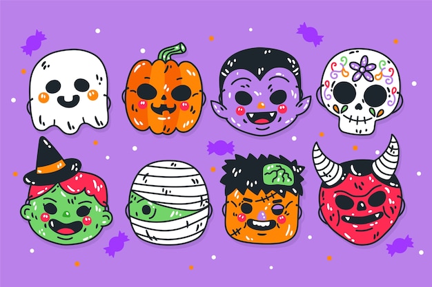 Colección de elementos de máscaras de halloween dibujadas a mano