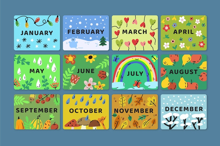 Vector gratuito colección de elementos de los meses del año dibujados a mano