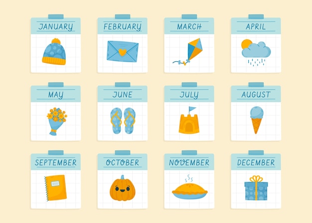 Colección de elementos de los meses del año dibujados a mano