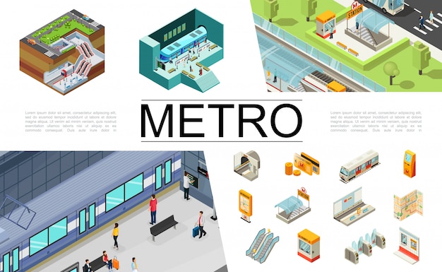 Colección de elementos de metro isométrica con boletos de tren tarjeta de viaje cajero automático mapa de navegación entrada subterránea escalera mecánica torniquetes pasajeros cabina de seguridad estación de metro