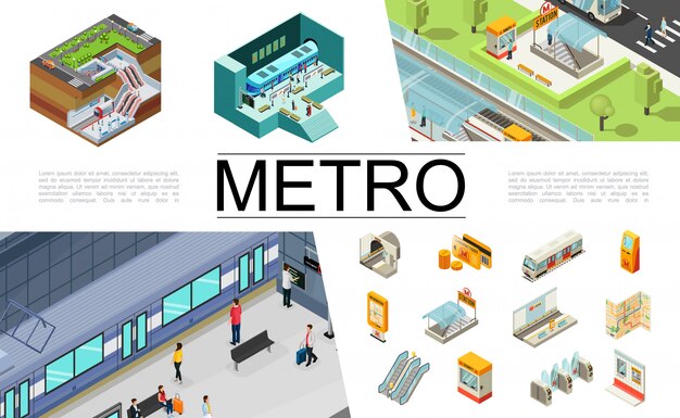 Colección de elementos de metro isométrica con boletos de tren tarjeta de viaje cajero automático mapa de navegación entrada subterránea escalera mecánica torniquetes pasajeros cabina de seguridad estación de metro