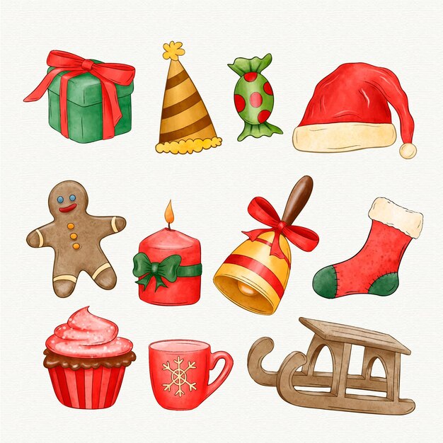 Colección de elementos de navidad en acuarela