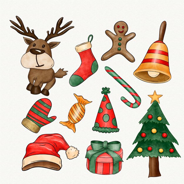 Colección de elementos de navidad en acuarela