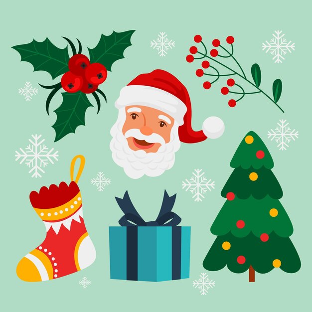 Colección de elementos de Navidad planos dibujados a mano