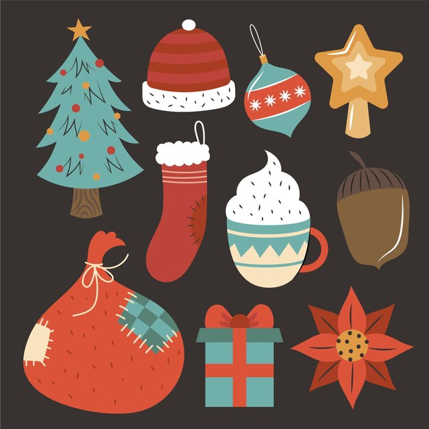 Colección de elementos de Navidad planos dibujados a mano