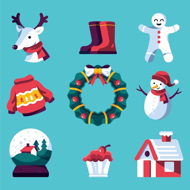 Colección de elementos de Navidad planos dibujados a mano