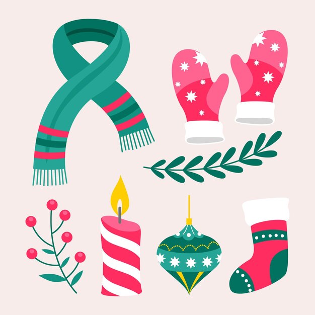 Colección de elementos de Navidad planos dibujados a mano
