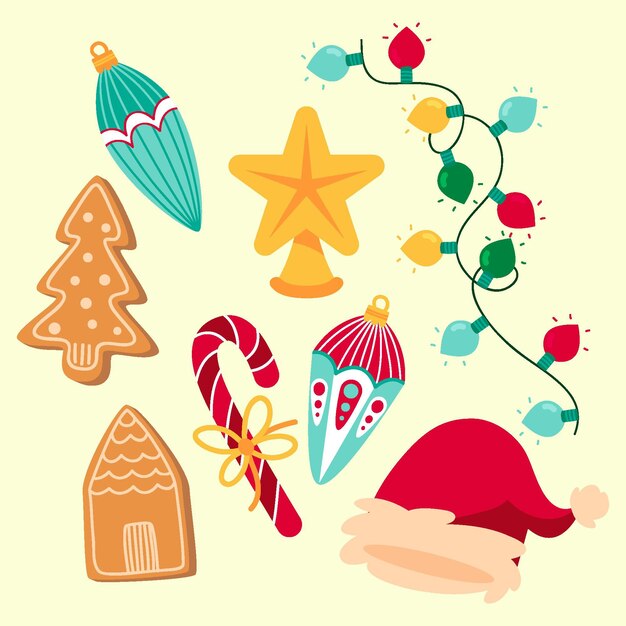 Colección de elementos de Navidad planos dibujados a mano