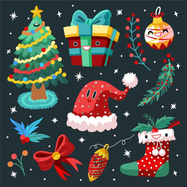 Colección de elementos de Navidad planos dibujados a mano