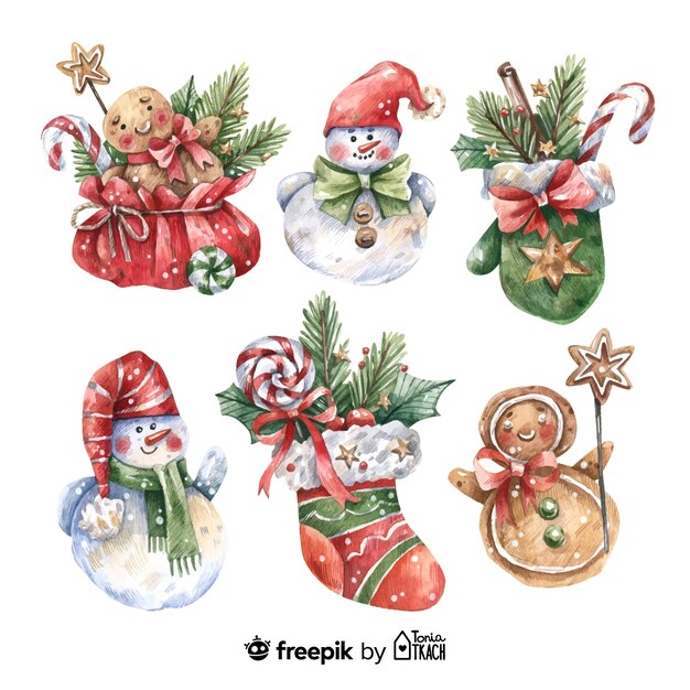 Colección de elementos navideños en acuarela y personajes.