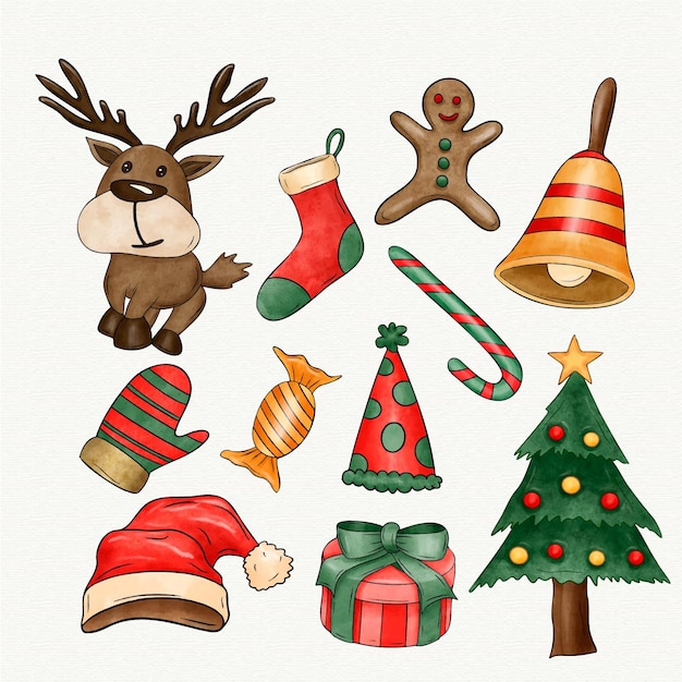 Colección de elementos navideños en acuarela