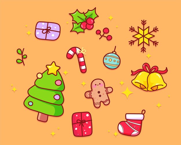 Colección de elementos navideños dibujados a mano ilustración de arte de dibujos animados