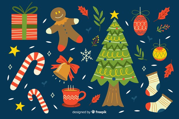 Colección de elementos navideños dibujados a mano sobre fondo azul