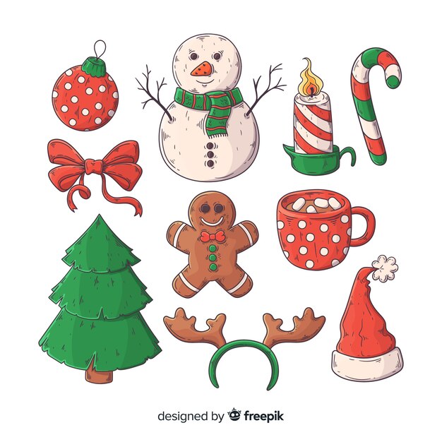 Colección de elementos navideños dibujados a mano