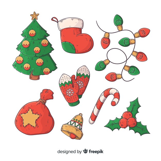 Colección de elementos navideños dibujados a mano