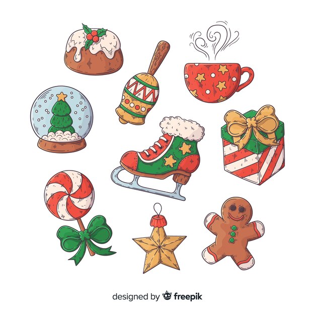 Colección de elementos navideños dibujados a mano