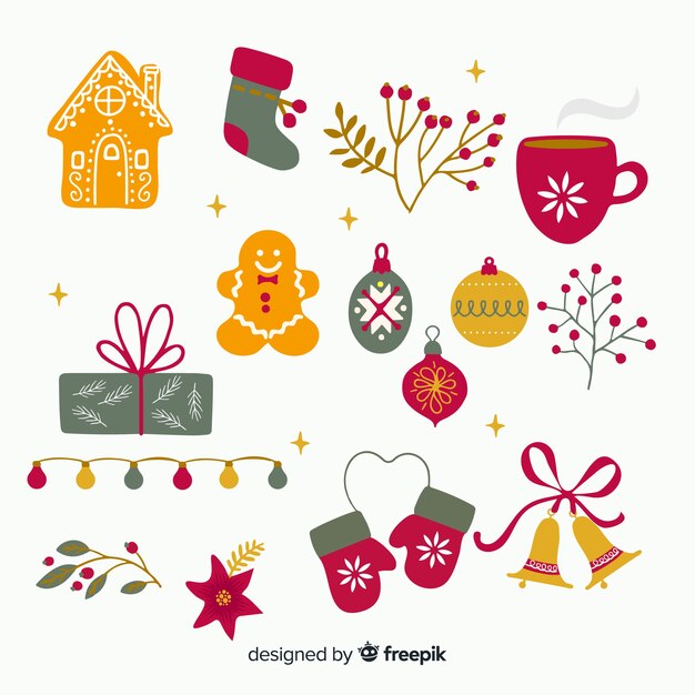 Colección de elementos navideños dibujados a mano