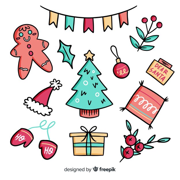 Colección de elementos navideños dibujados a mano