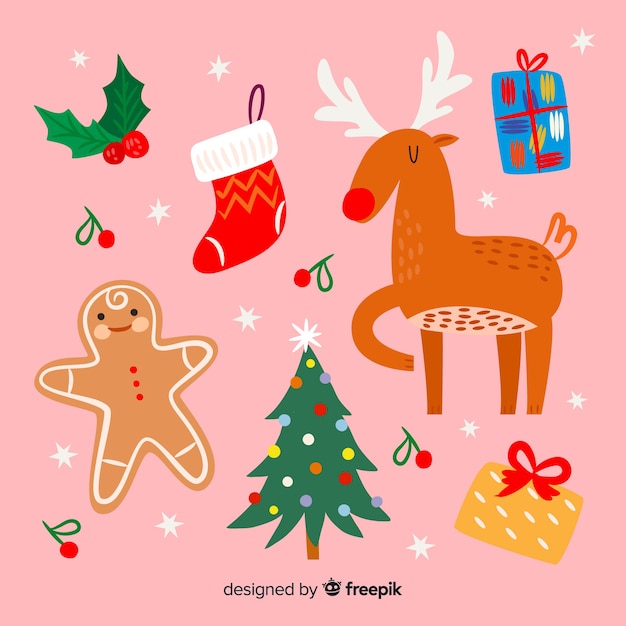 Colección de elementos navideños dibujados a mano