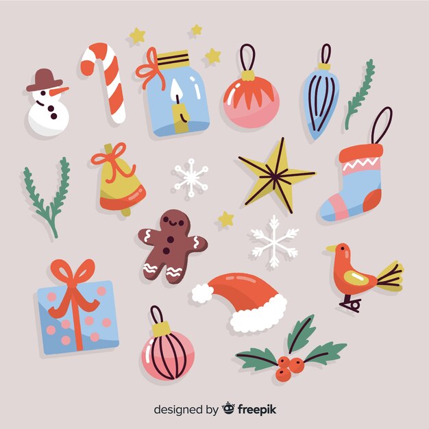 Colección de elementos navideños dibujados a mano