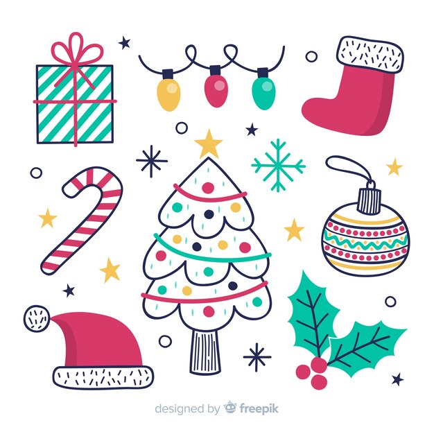 Colección de elementos navideños dibujados a mano