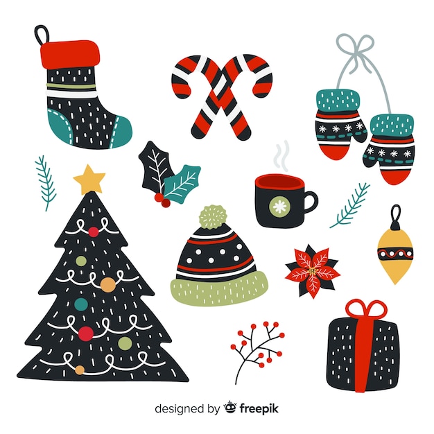 Colección de elementos navideños dibujados a mano